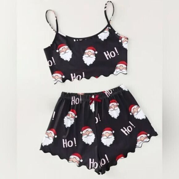 NWT Women’s 2 Piece Lingerie Black Tank with Shorts Holiday Santa - Size Large - Picture 1 of 3